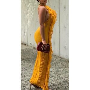 Fashion Nova Devine Ruffle Maxi Dress Mustard Yellow Halter V-Neck Small NWT